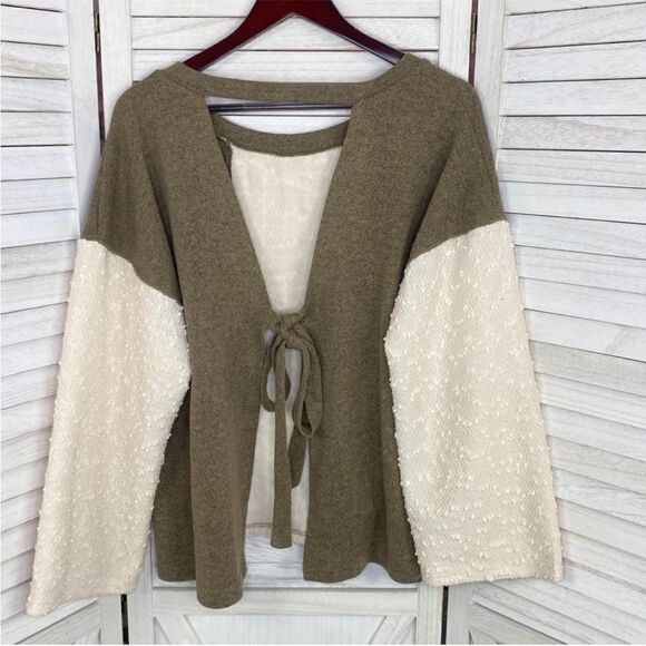 POL Open Tie Back Sweater Bell Sleeve Color Block Brown Cream Large - Picture 9 of 13